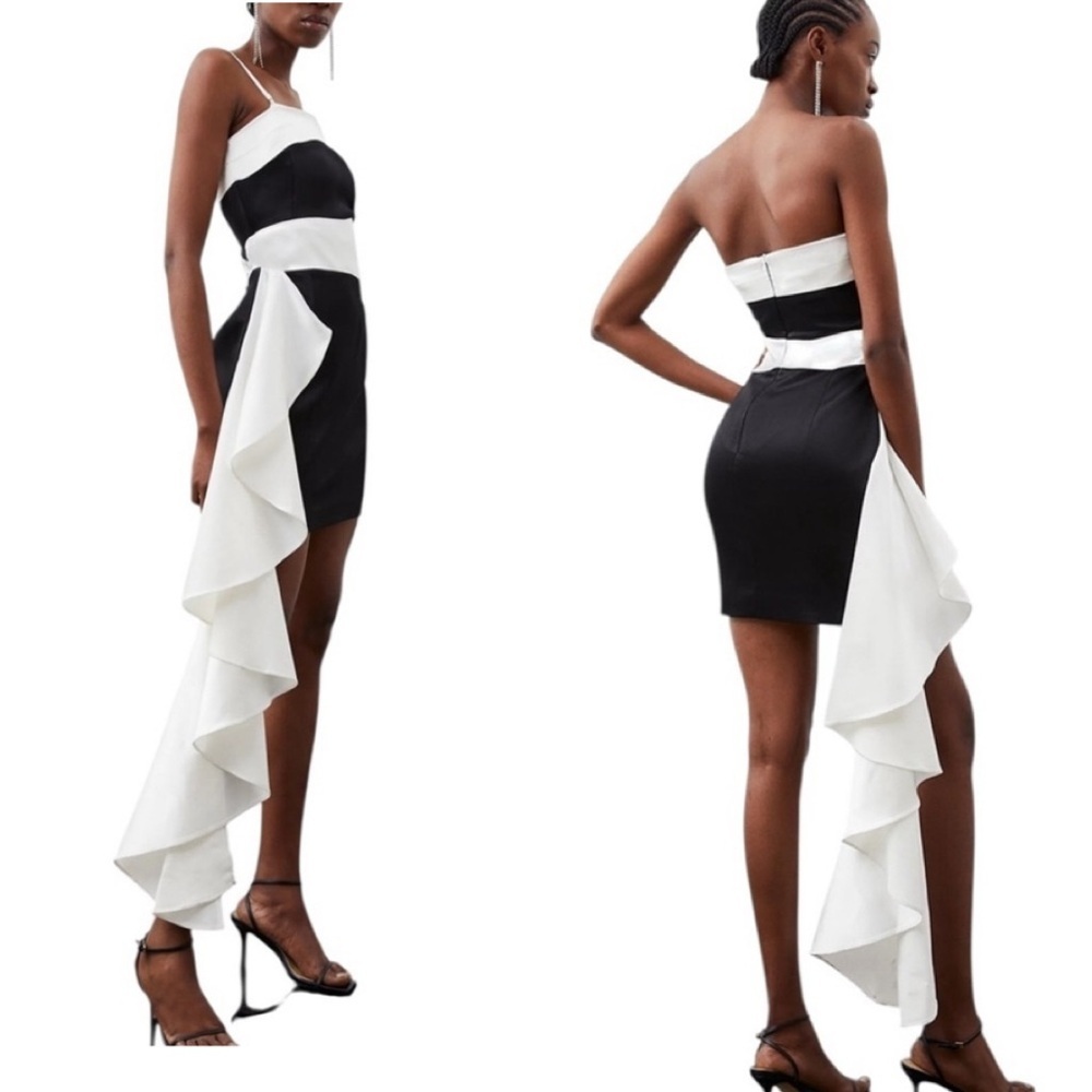 Karen Millen Italian Structured Satin Ruffle Drape Bandeau Mini Dress NWT